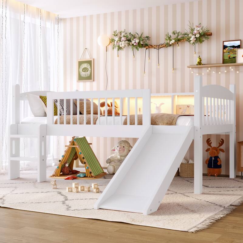 Twin Loft Bed with Storage Shelves, LED Lights & Guardrails - White