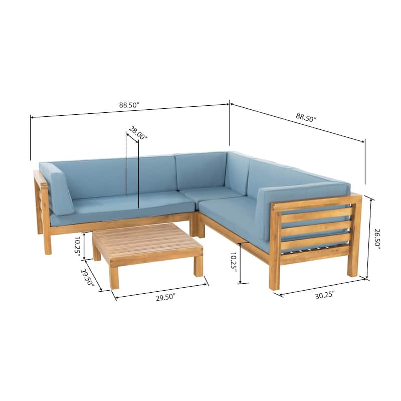Oana Outdoor 5 Seater V Shaped Mid-Century Modern Acacia Wood Sectional Sofa Set with Coffee Table by Christopher Knight Home