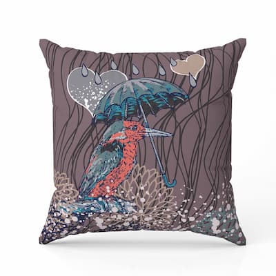 Bird with Umbrella Faux Suede Reversible Throw Pillow Lavender and Teal