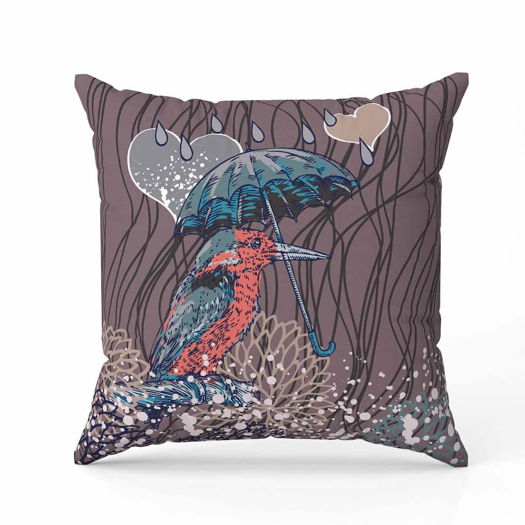 Bird with Umbrella Faux Suede Reversible Throw Pillow Lavender and Teal