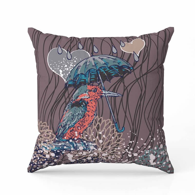 Bird with Umbrella Indoor/Outdoor Reversible Throw Pillow Lavender and Teal