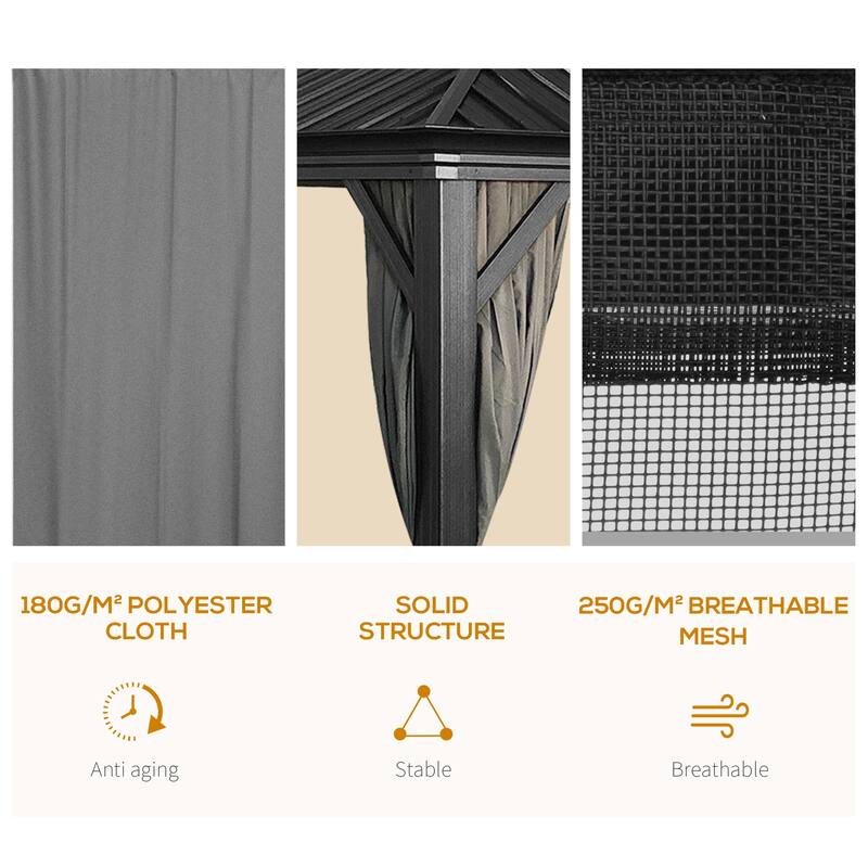 Outsunny 16' x 12' Hardtop Patio Gazebo Canopy Outdoor Pavilion with Galvanized Steel Frame, Netting Sidewalls, Curtains