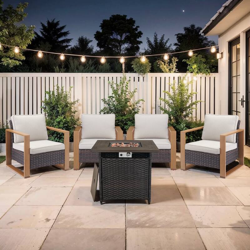 Pocassy Outdoor 30" Fire Pit Table with Sofa Swivel Chair Set - Brown Wicker Beige Cushion - 5-Piece Patio Chair with Suqare Fire Table