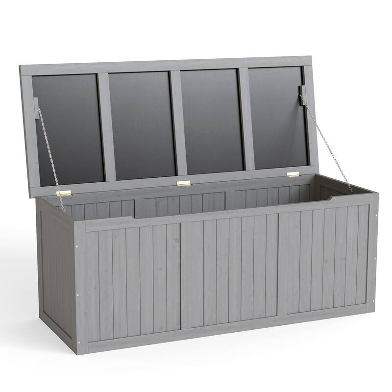 112 Gallon Outdoor Wooden Deck Box Solid Wood Storage Box Seat & Table Top for Patio Furniture Cushions, Pool Toys,Garden Tools - Grey