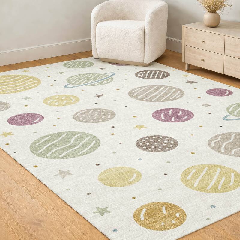 Machine Washable Indoor/ Outdoor Modern Planets Chantille Rug