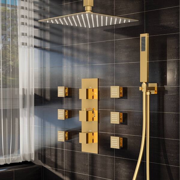 slide 2 of 40, Thermostatic Shower System 12" Rainfall Shower Head 3 Way Thermostatic Faucet w/6 Jets Gold