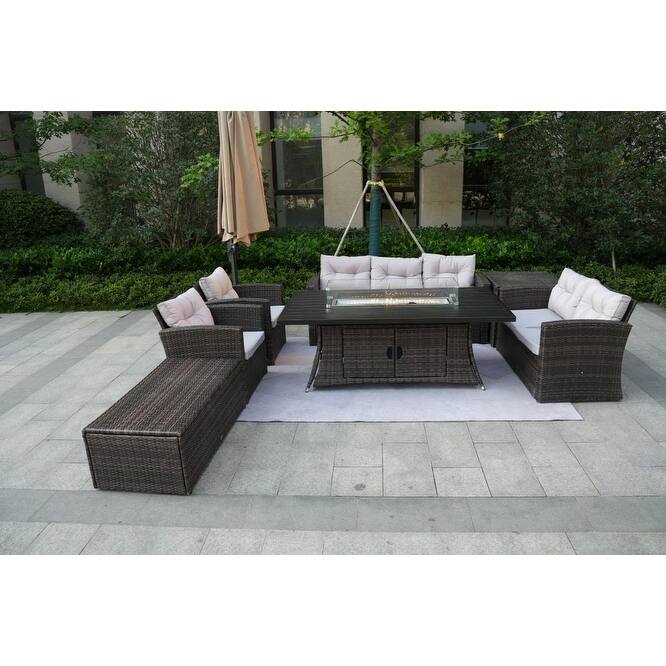 7-Piece Patio Wicker Sofa Set With Aluminum Dining Table and Storage End Table - Brown