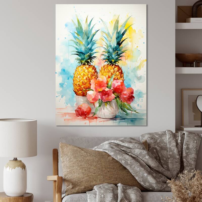 Designart "Aquarel Pineapple Painting" Pineapples Wall Décor Green - Traditional Canvas Wall Art For Home