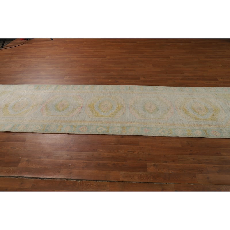 Hand Knotted Oriental 100% Wool Carpet Transitional Geometric Navy Blue & Blues Oushak Runner Rug - 11' 6'' X 2' 9''