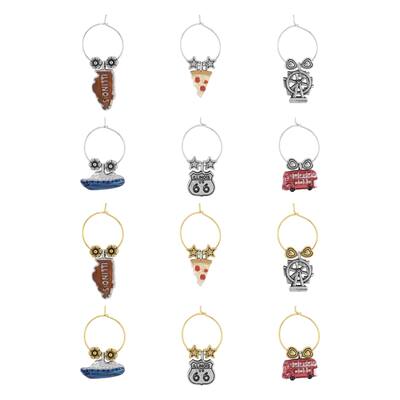 Wine Things 12-Piece Wine Charms/Wine Glass Tags/Drink Markers for Stem Glasses, Wine Tasting Party (Illinois)