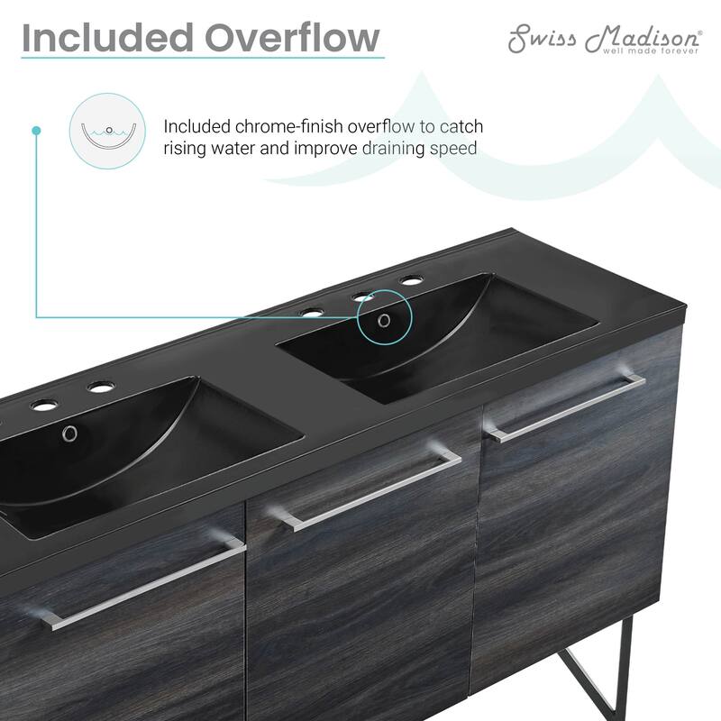 Annecy 60 In. Black Walnut, Double Basin Bathroom Vanity With Black, 3-Hole ArtificialStone Sink Top