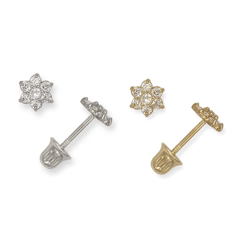 Curata 14K Childrens Cubic Zirconia Small Flower Screw Back Earrings
