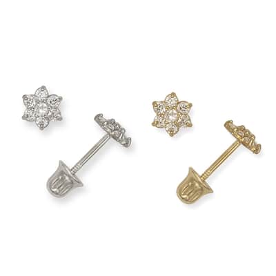 Curata 14K Childrens Cubic Zirconia Small Flower Screw Back Earrings
