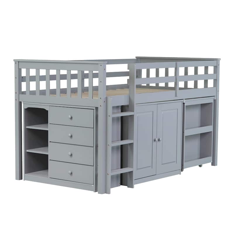 Twin Rubber Wood Loft Bed with Cabinet, Drawer, Shelf,Pulling-Out Desk