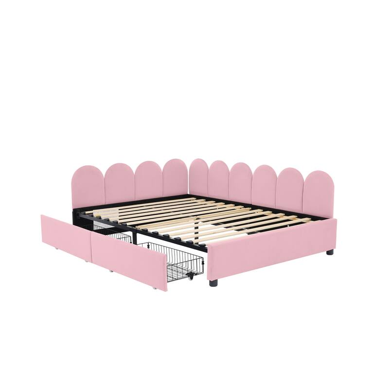 L-Shape Garden Backrest Daybed, Velvet Upholstered Sofabed with 2 Drawers, Soft Fabric Headboard Platform Bed Frame
