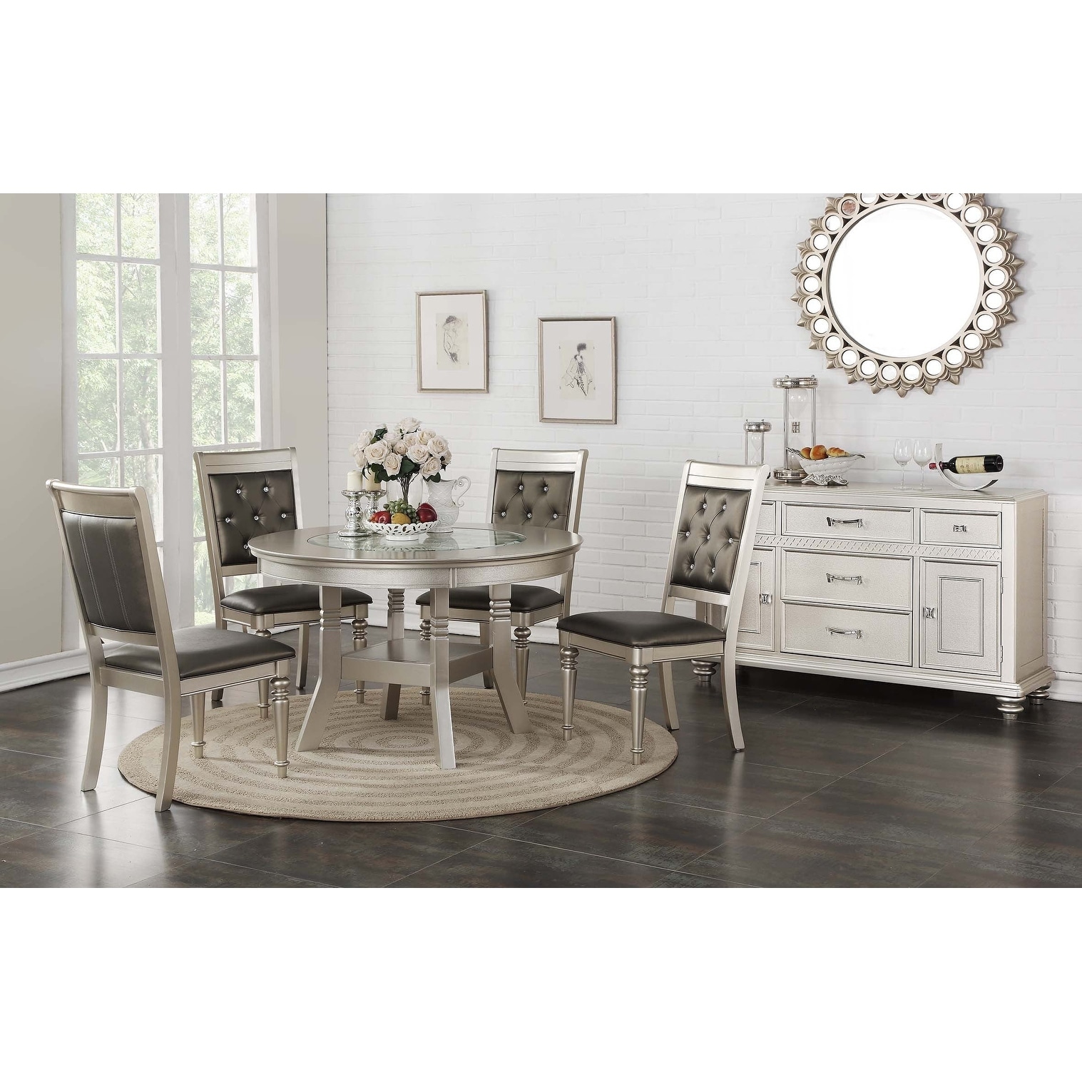 Glamorous Metallic Silver Dining Table Set with Tufted Seating 5pc