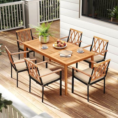 Costway 7 PCS Patio Acacia Wood Dining Set with Soft Seat Cushions