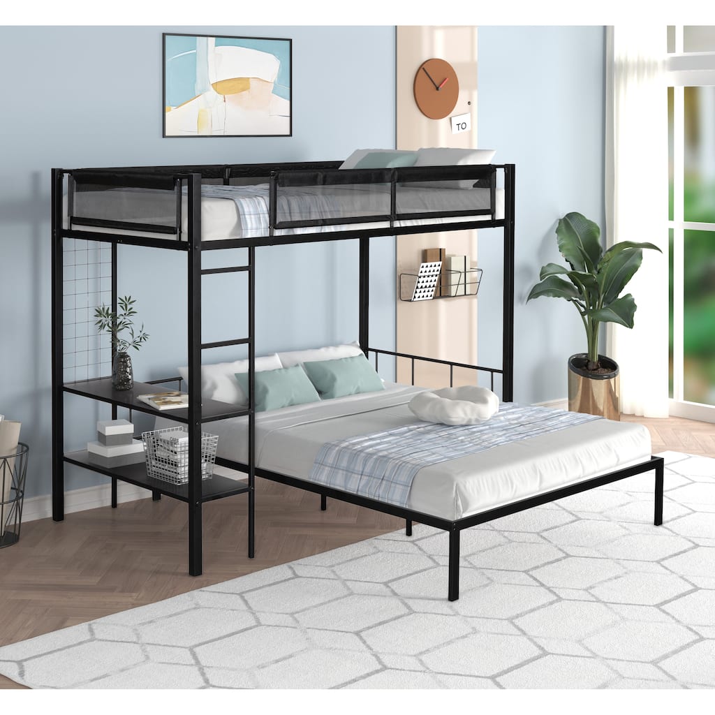 Twin Over Full Bunk Bed with Shelves, Grid Panel & Separate Full Bed