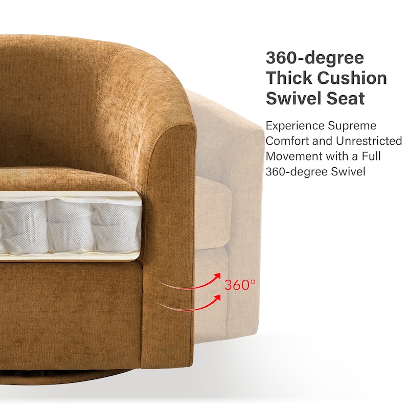 Cuenca Modern Living Room Wooden Upholstered 360° Swivel Barrel Chair with Metal Base and Wide Backrest