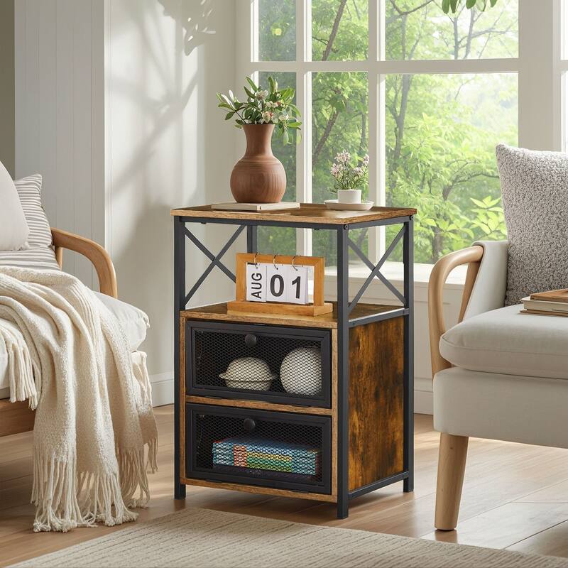 VECELO Modern End Table with 3-tier Storage Shelves, Nightstands with Charging Station(Nightstand Set of 2)