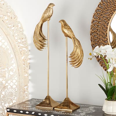 Gold aluminum Eclectic Sculpture Bird (Set of 2) - 6 x 8 x 27 and 7 x 12 x 32