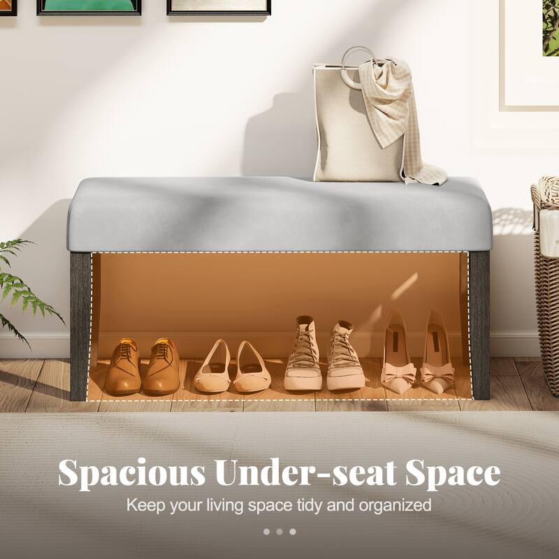 42" Wide Grey Velvet Upholstered Bench with Solid Wood Legs for Bedroom or Entryway Seating Ottoman - 42" x 15.5" x 20"