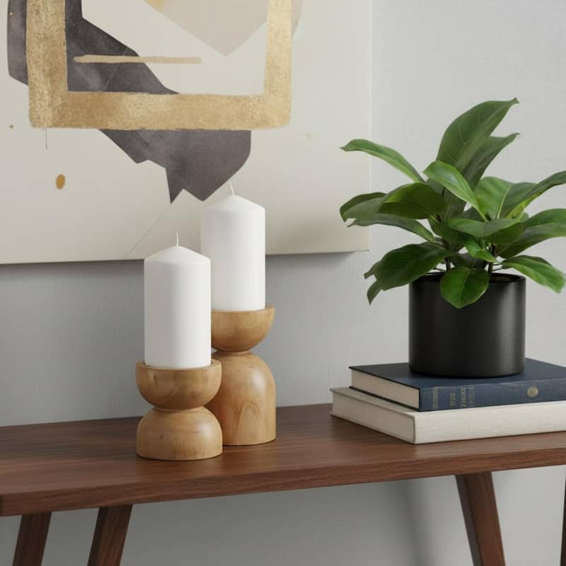 Set of Two Brown Distressed Geometric Solid Wood Tabletop Pillar Candle Holders - Brown