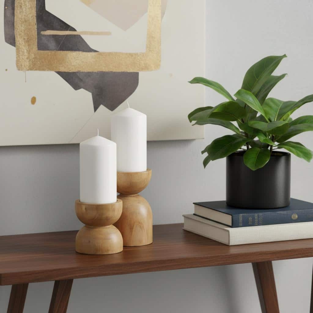 Set of Two Brown Distressed Geometric Solid Wood Tabletop Pillar Candle Holders