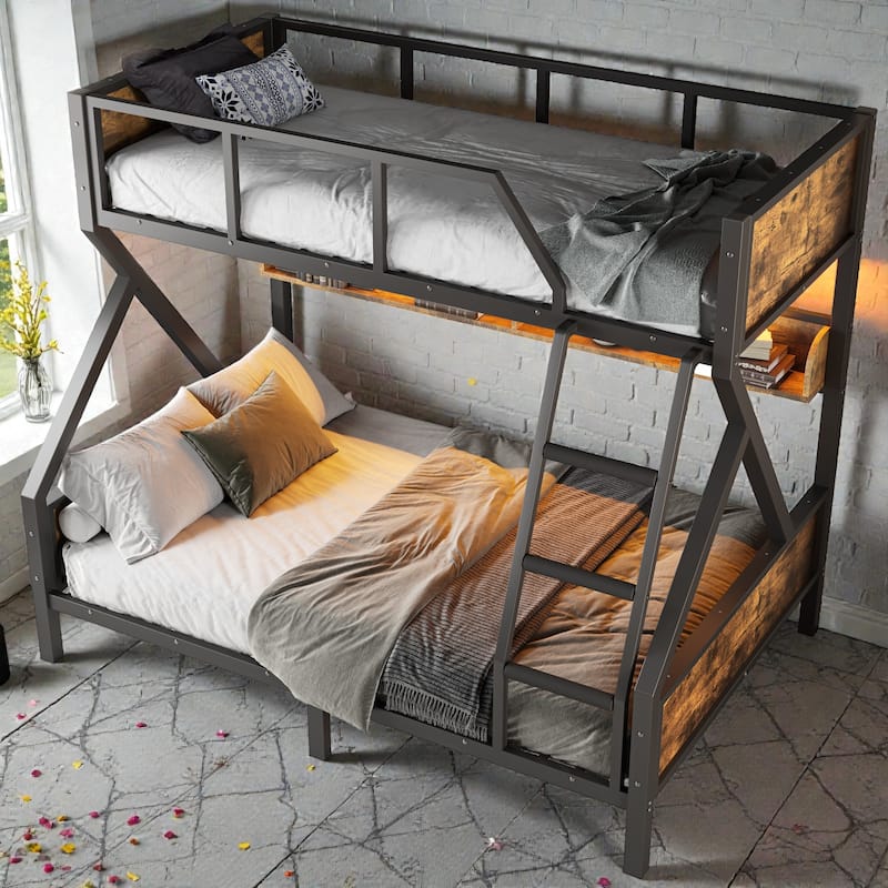 Space-Saving Metal Bunk Bed with Shelves, LED Strip Lighting, Guardrails and Woodgrain Panels, Multiple Size Options