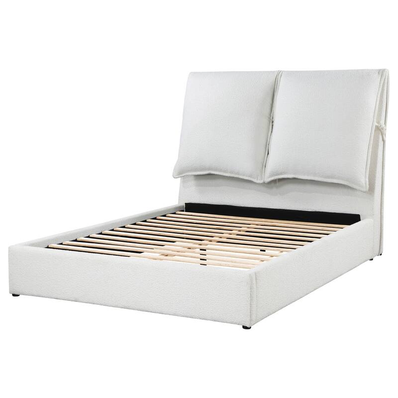 Upholstered Panel Bed - White Queen Size - Plush Fabric Bed Frame - 600lb Capacity