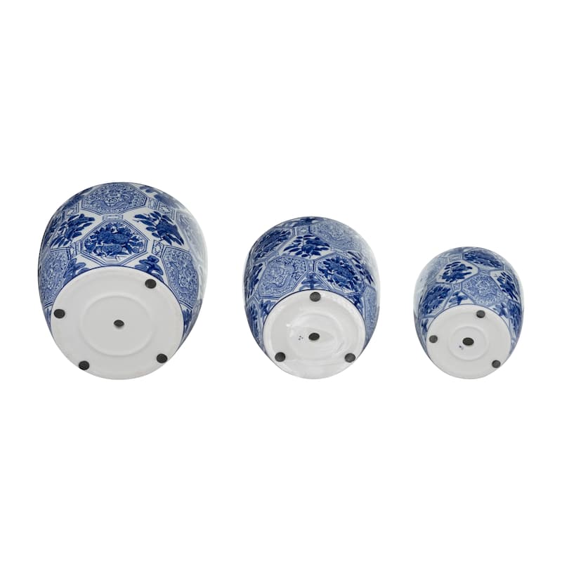 Set of 3 Ceramic Planters Contemporary Vintage Style Blue and White Planters with Chinoiserie Style Design for Home or