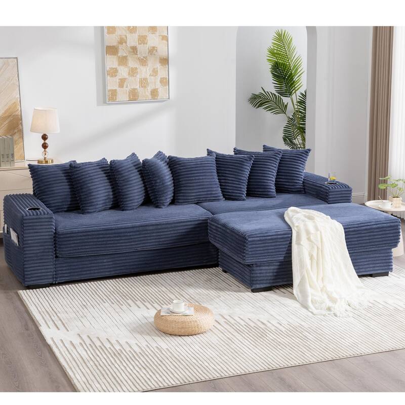 110.75" Corduroy Sectional Sofa, Convertible Sleeper Sofa Bed L-Shaped Upholstered Couch with Removable Footstool, Cup Holder