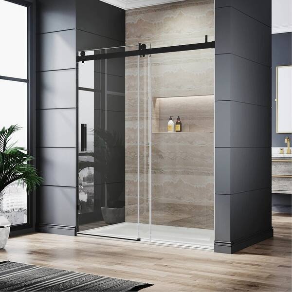 slide 2 of 7, GIVINGTREE 60 x 76 Single Handle Single Sliding Frameless Shower Door Matte Black With Buffer