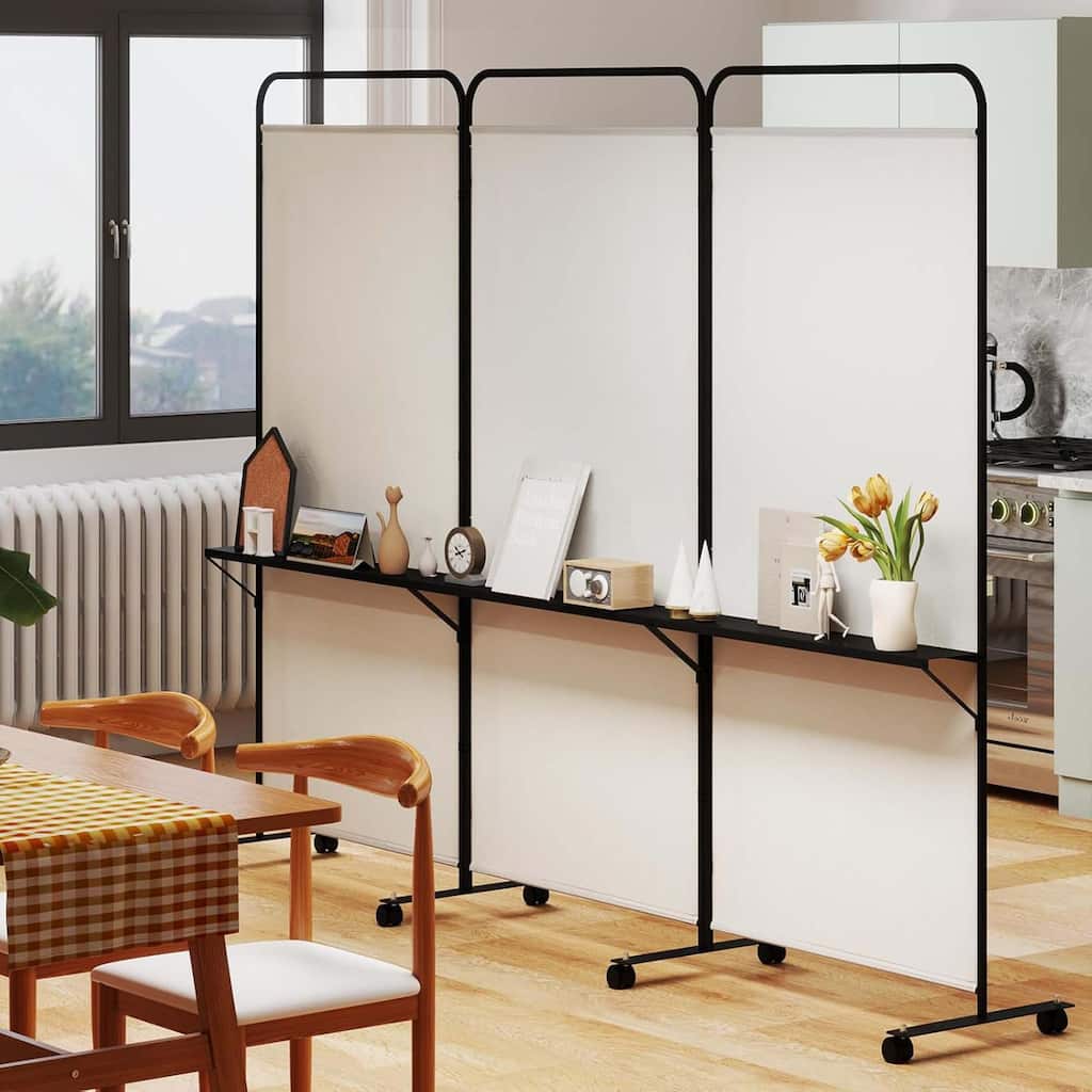 3 Panel Room Divider Folding Privacy Screen w/ Wheels & Shelves