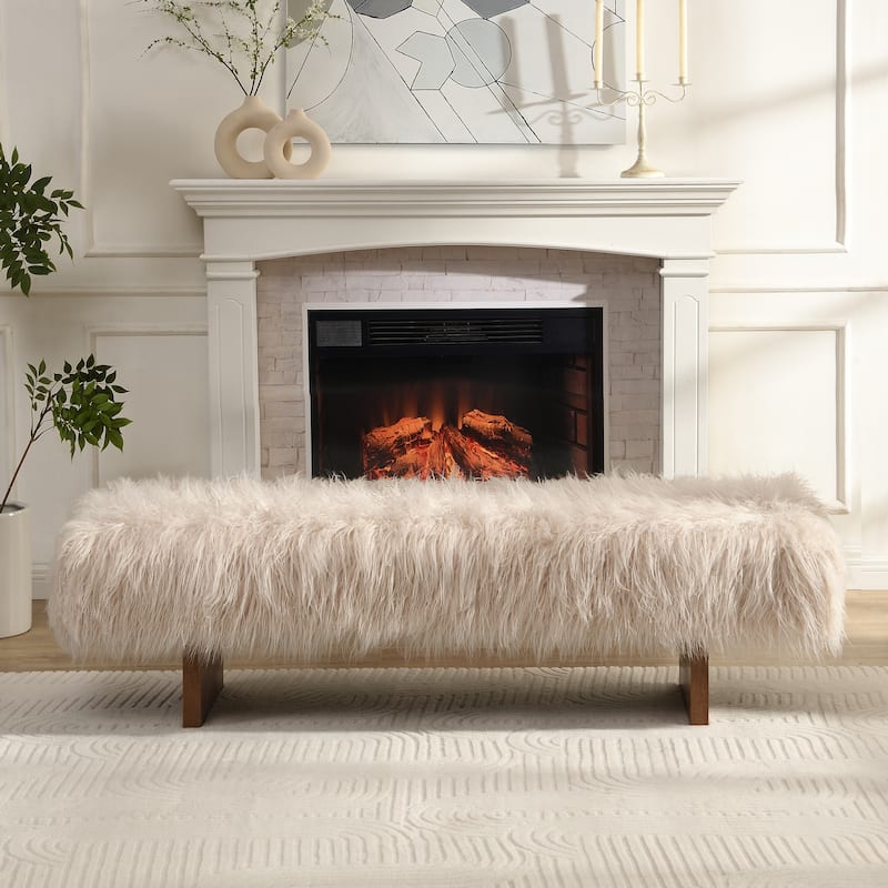 Christopher Knight Home - Ashton Modern Solid Wood Bench with Long-Haired Faux Wool Upholstery.