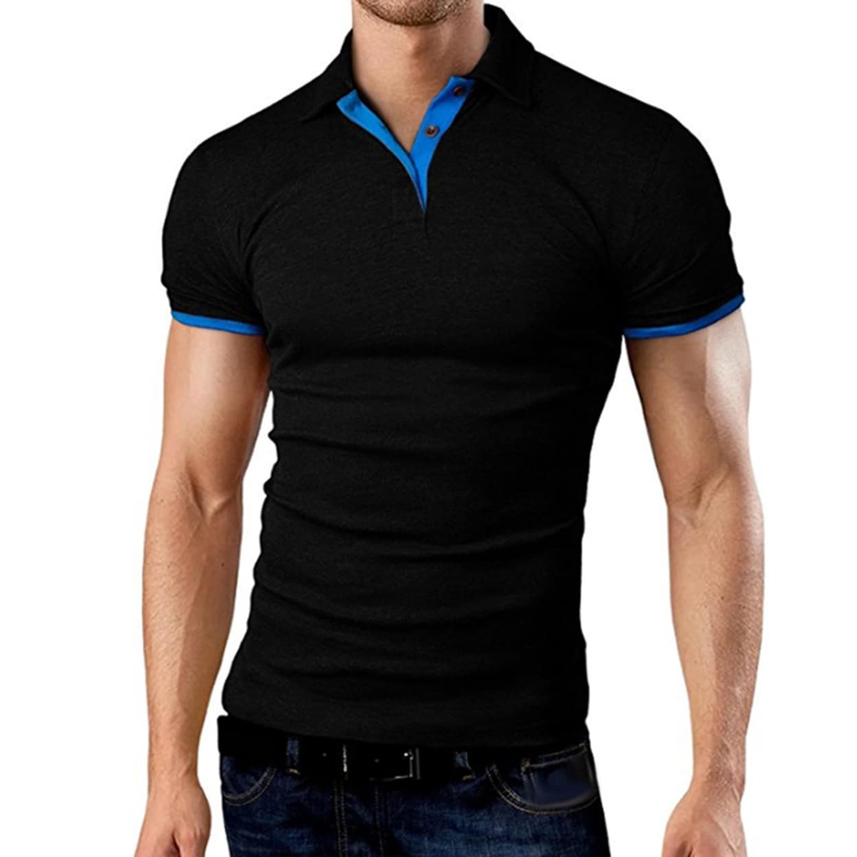 Plus Size Summer Men Slim Solid Color T-Shirt Turn Down Collar Short Sleeve Top