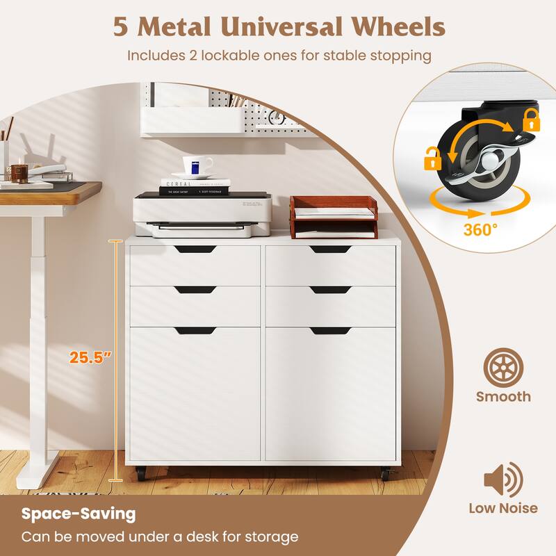 White MDF Mobile File Cabinet with 4 Drawers, Lockable Wheels and Soft-Close Doors