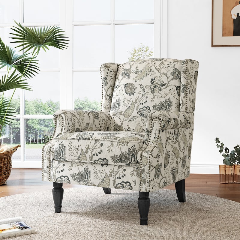 Mid-Century Modern Linen/ Vegan Leather Wing Back Accent Chair