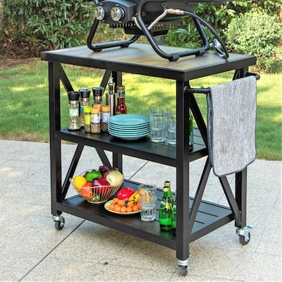 Sophia & William Black Steel Outdoor Kitchen Prep Station with Shelving - N/A