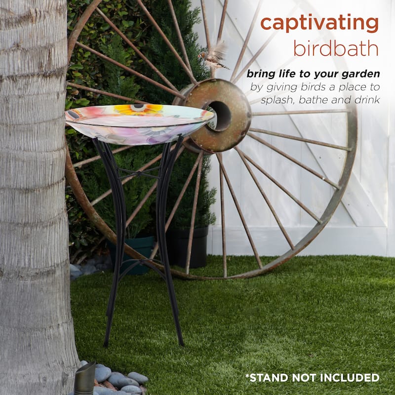 Alpine Corporation 18" Round Outdoor Birdbath Bowl Topper with Colorful Painted Flowers Design
