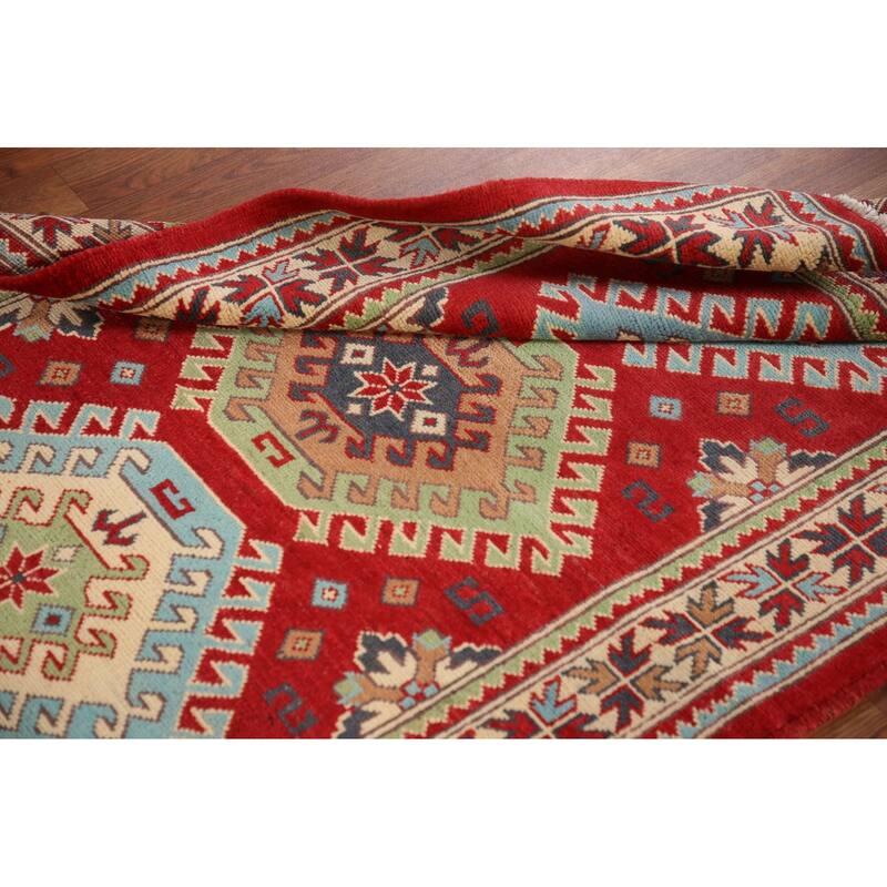 Geometric Red Kazak Rug Hand-Knotted Traditional Bedroom Wool Carpet - 3'4"x 4'10"