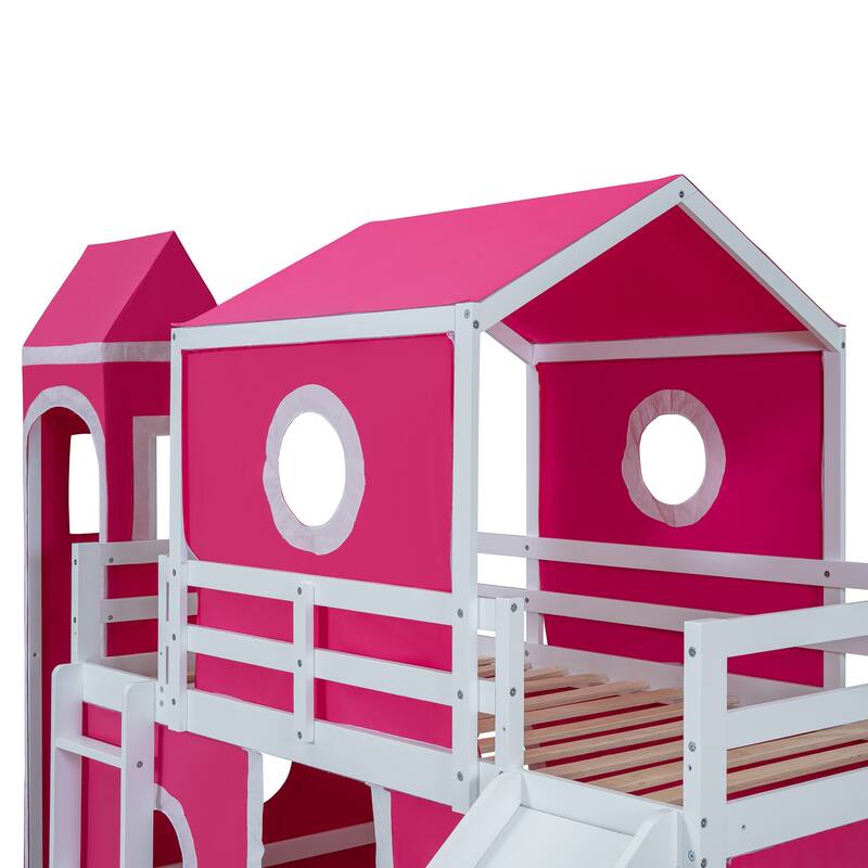 Pink Twin Size Solid Wood Loft House Bed with Slide Tent, Tower, Ladder, and Fence Baffle for Bedroom