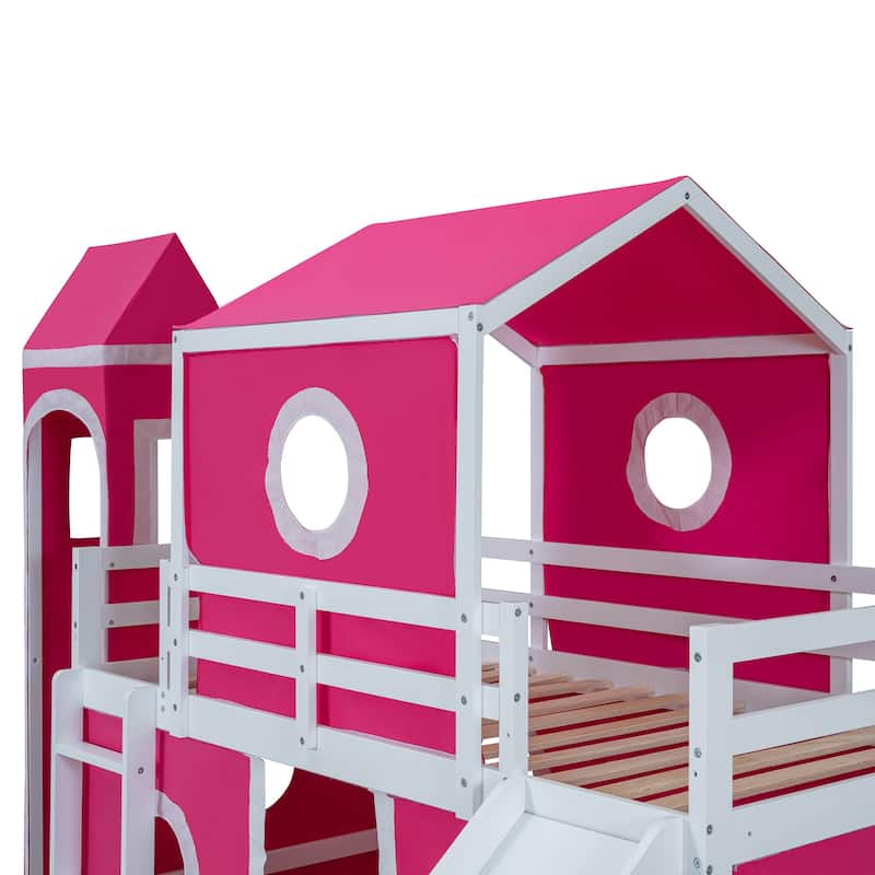 Twin/Full Size Loft Bed with Slide,Solid Wood Playhouse Bed Frame with Tent and Tower Design