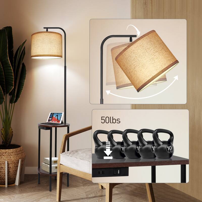 62'' Black Tray Table Floor Lamp with USB and Outlet