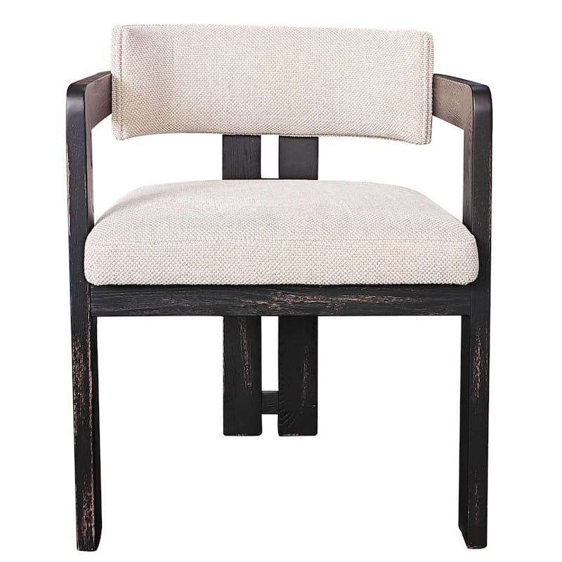 Lasy Accent Dining Side Chair, White Fabric, Black Solid Wood