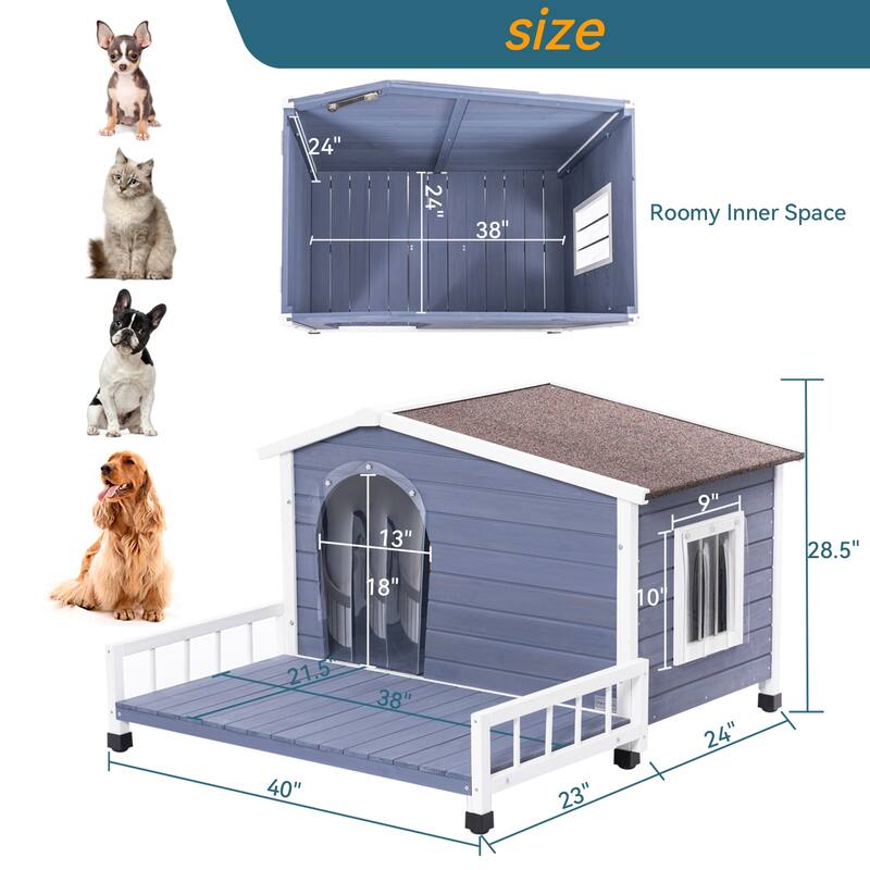 Large Wooden Dog Room Dog Kennel Indoor Outdoor with Raised Floor Windows and Door Curtains Dog House