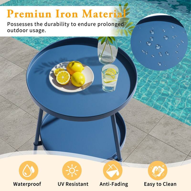 2 Tier Round Patio Small Side Table, Metal Coffee Table for Indoor Outdoor