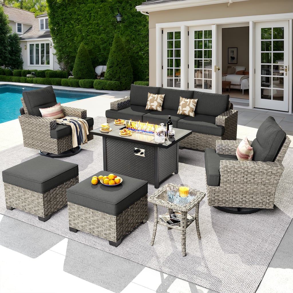 OVIOS 9 Pieces T shaped Seat Wide Armrest Swivel Chair Set With Fire Pit