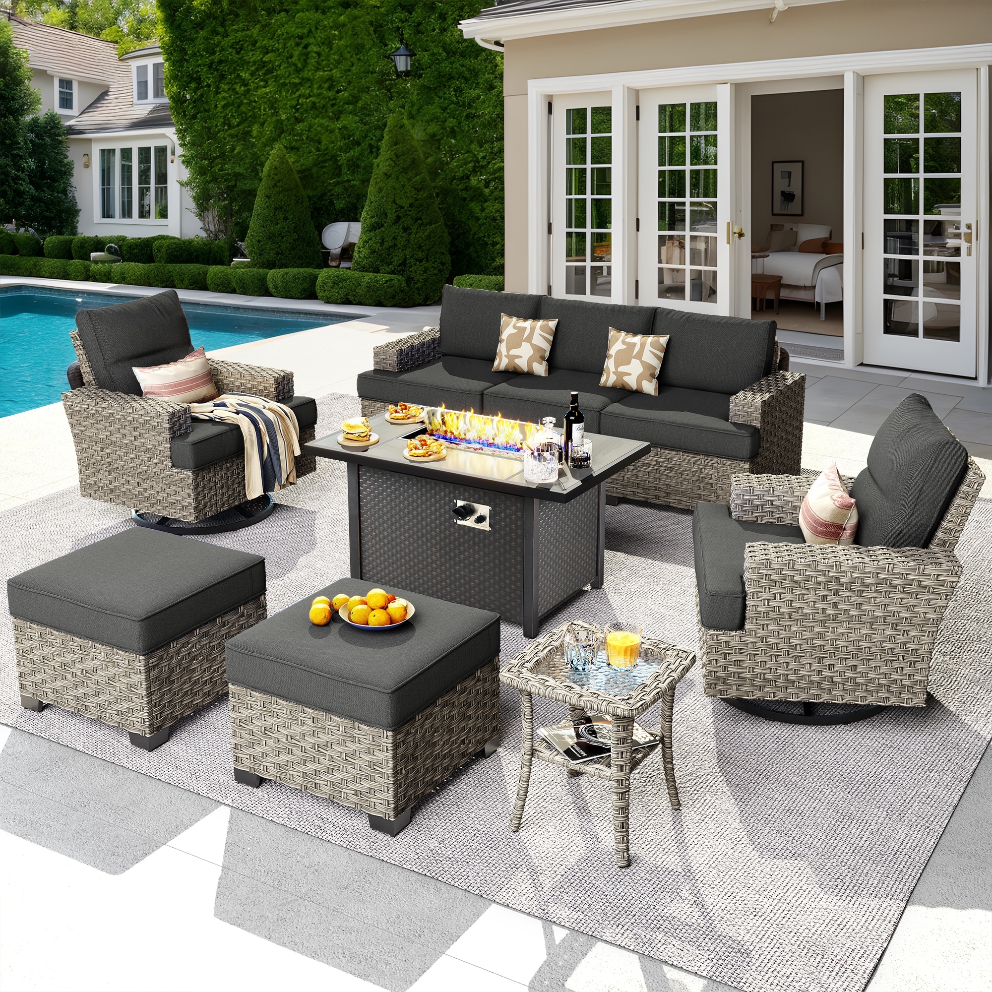 OVIOS 9 Pieces T shaped Seat Wide Armrest Swivel Chair Set With Fire Pit