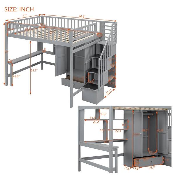 dimension image slide 1 of 2, Full Loft Bed with Desk & Drawers - Playhouse Design, Grey
